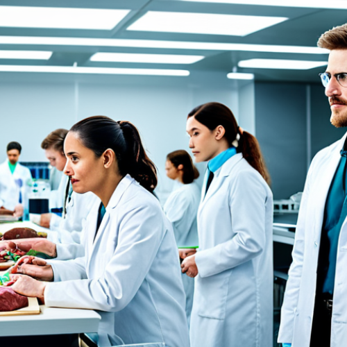 **

"A diverse group of scientists in a bright, modern laboratory, working on plant-based meat alternatives, fully clothed in lab coats, appropriate attire, safe for work, perfect anatomy, correct proportions, professional photography, high quality, sustainable food research"

**