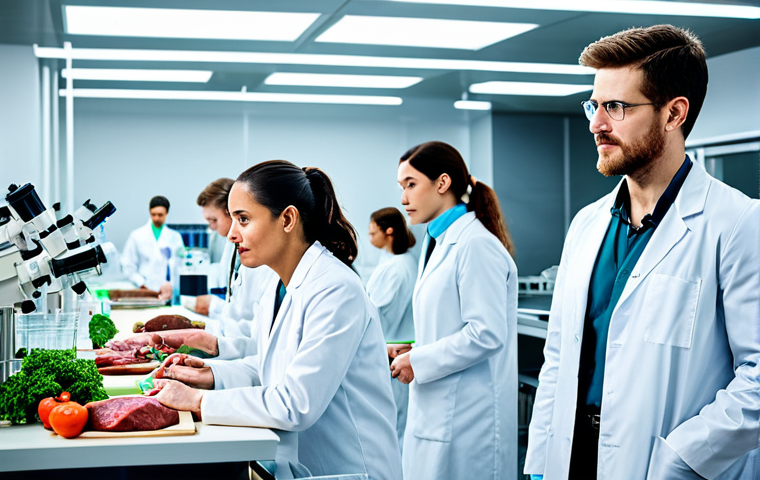 **

"A diverse group of scientists in a bright, modern laboratory, working on plant-based meat alternatives, fully clothed in lab coats, appropriate attire, safe for work, perfect anatomy, correct proportions, professional photography, high quality, sustainable food research"

**