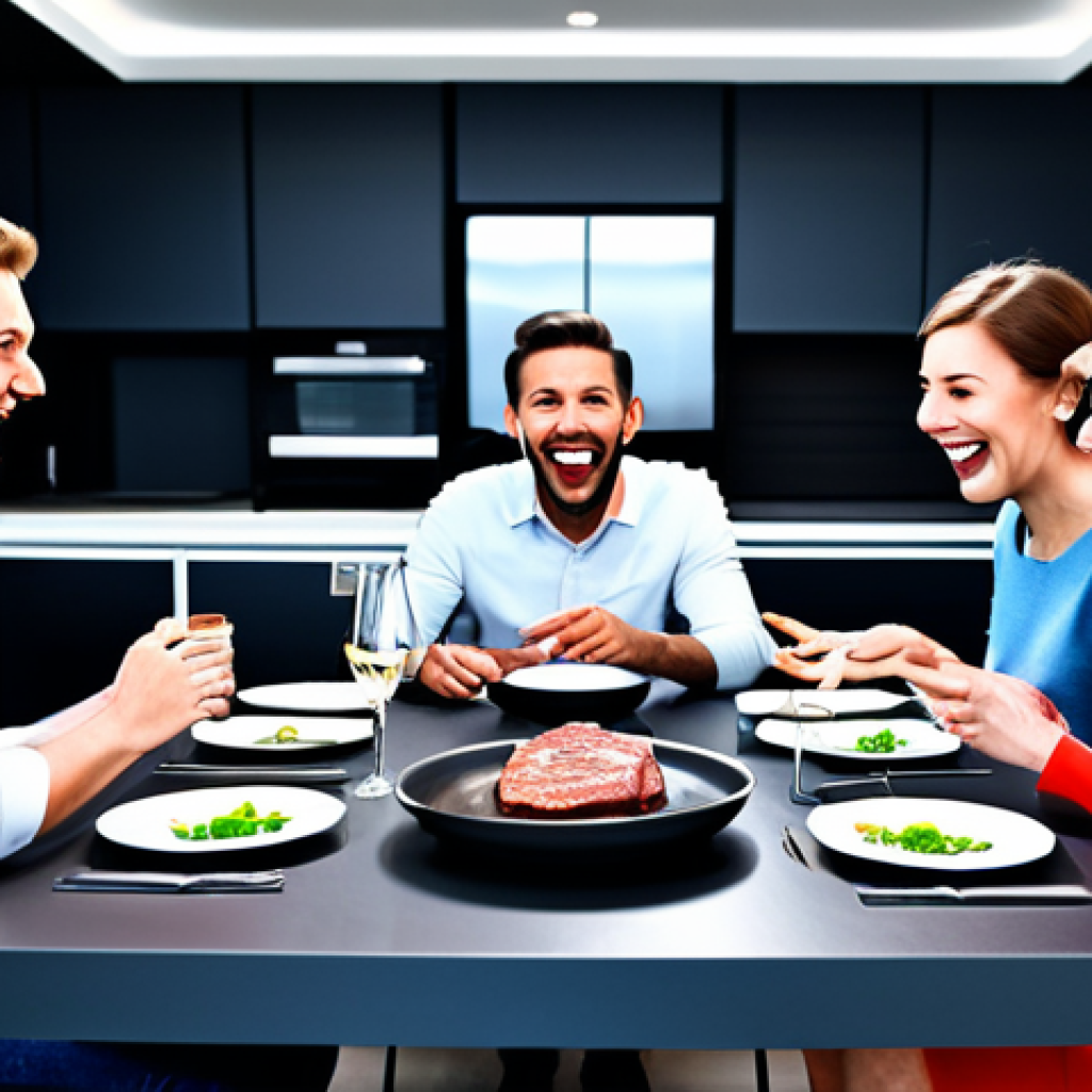 Futuristic Dining Table**

A diverse group of friends laughing around a high-tech dining table set with 3D-printed dishes and cultured meat steaks, safe for work, fully clothed, modest clothing, appropriate attire, bright and inviting atmosphere, futuristic kitchen background, perfect anatomy, correct proportions, well-formed hands, proper finger count, natural body proportions, professional photograph, high quality, family-friendly.

**
