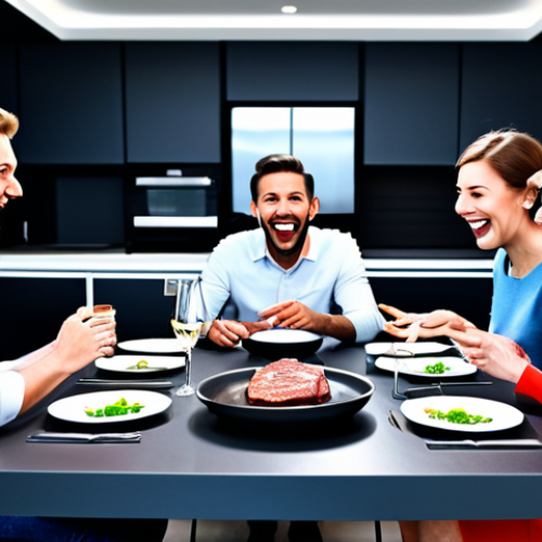 Futuristic Dining Table**

A diverse group of friends laughing around a high-tech dining table set with 3D-printed dishes and cultured meat steaks, safe for work, fully clothed, modest clothing, appropriate attire, bright and inviting atmosphere, futuristic kitchen background, perfect anatomy, correct proportions, well-formed hands, proper finger count, natural body proportions, professional photograph, high quality, family-friendly.

**