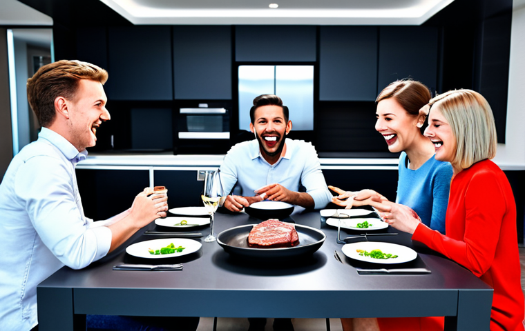 Futuristic Dining Table**

A diverse group of friends laughing around a high-tech dining table set with 3D-printed dishes and cultured meat steaks, safe for work, fully clothed, modest clothing, appropriate attire, bright and inviting atmosphere, futuristic kitchen background, perfect anatomy, correct proportions, well-formed hands, proper finger count, natural body proportions, professional photograph, high quality, family-friendly.

**